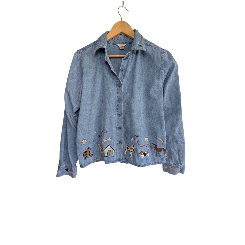 Christopher & Banks Embroidered Denim Shirt Womens M Blue Dog Novelty Vintage